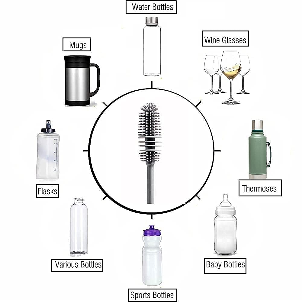 Bottle Cleaning Brush Silicone Long Handle for Baby Bottle, Water Bottle, Containers, Vase and Glass Cleaner