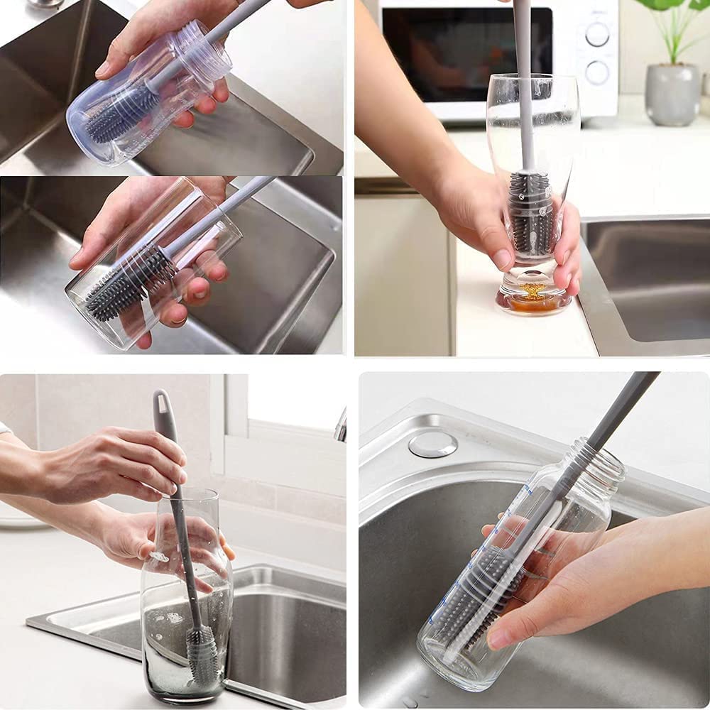 Bottle Cleaning Brush Silicone Long Handle for Baby Bottle, Water Bottle, Containers, Vase and Glass Cleaner